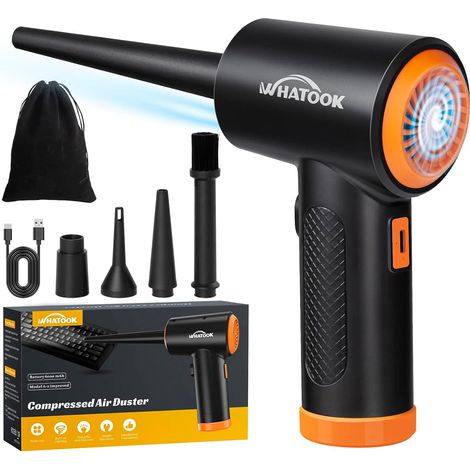 Souffleur Air Comprimé, Dépoussiéreur Électrique, Air Comprimé, 3 vitesses, batterie 6000 mAh, USB-C, LED et 5 buses pour clavier, PC, appareil photo et voiture (1/5)