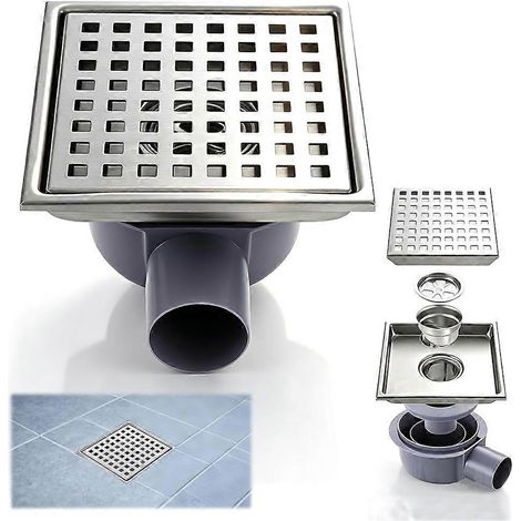 Bonde de douche carrée en acier inoxydable 15 x 15 cm avec siphon à 360° et filtre à cheveux (1/5)
