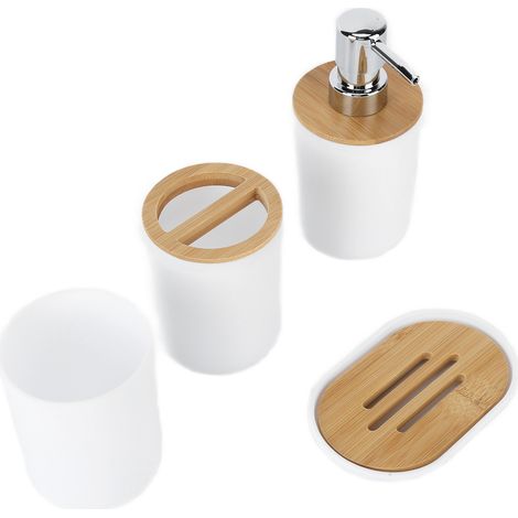 Lot de 4 accessoires de salle de bain hôtel, bois de bambou nordique, rangement blanc pour brossage et lavage en plastique (1/5)