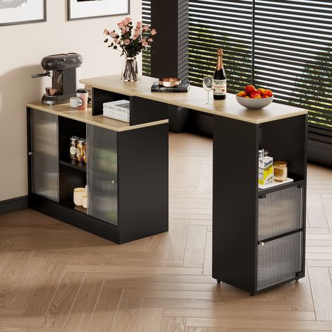 Table haute pivotante noire, table de bistro extensible avec grand rangement, sans levage, design moderne mobile, espace de stockage spacieux