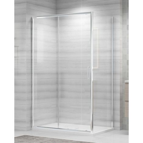 Box doccia angolare cm 90x110x200 vetro temperato 5 mm trasparente, 1 apertura scorrevole e profili cromo (1/5)