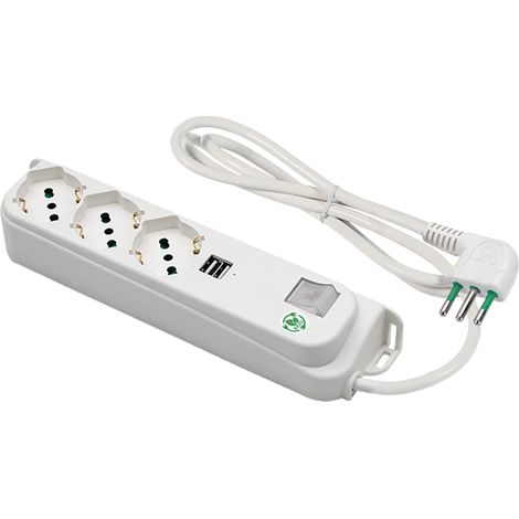 FANTON 474504ECO Multipresa 3 posti + USB OMEGA ECO RELIFE 3 prese bipasso/schuko 2P+T 16A + 2 prese USB-A 5V 3A cavo 1,5 m. spina piccola 2P+T 10A + interruttore automatico luminoso di sovraccarico (1/2)
