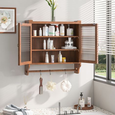 Armoire murale avec porte vitrée, rangement et porte-serviettes, pour salle de bain et salle à manger, marron (1/5)