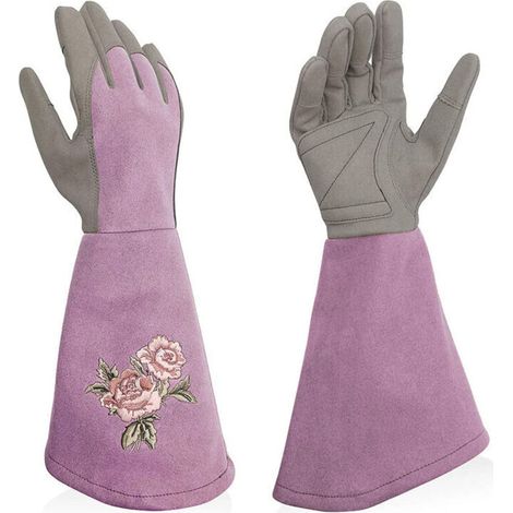 Women's Leather Gardening Gloves, Long Sleeve, Puncture-Proof, Elegant Gardening Gloves for Women, Fine Embroidery, Light Purple, Size M