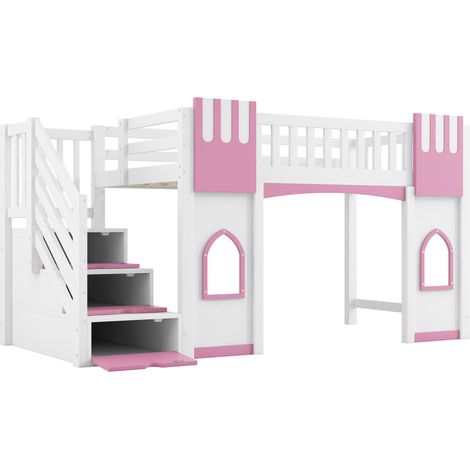 Cama alta 90 x 200 cm con escalera de almacenaje y ventanas, blanca y rosa (1/5)