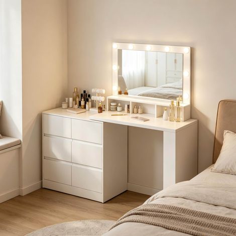 Coiffeuse modulable blanche avec miroir LED, 6 tiroirs et étagères OKWISH (1/5)