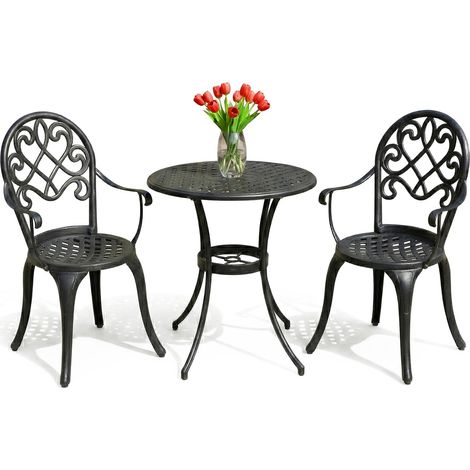 Centurion Supports PREGO Garden & Patio Table & 2 Large Chairs with Armrests Cast Aluminium Bistro Set - Black (1/5)