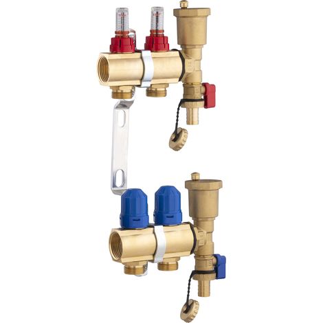 Noyon & Thiebault – Collecteur laiton pour plancher chauffant – 2 départs avec vannes thermostatisables – Débimètres pour réglage précis – Fixation murale incluse
