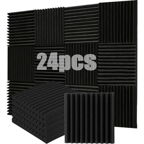 Lot de 24 Panneaux Acoustiques en Mousse, Panneaux Insonorisants Haute Densité, Panneaux de Mousse Acoustique, pour studios d'enregistrement, bureaux et habitations, 30 x 30 x 2,5 cm, Noir (1/5)