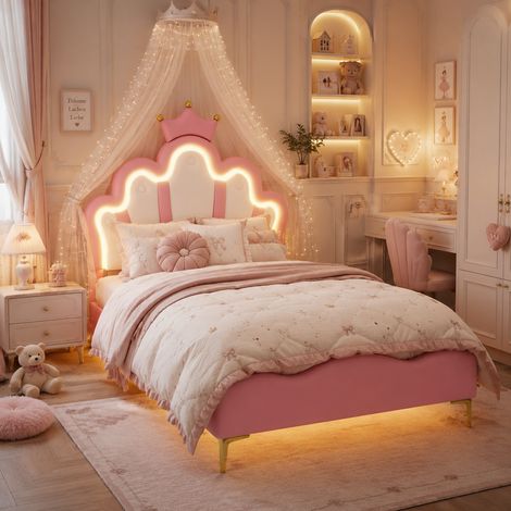 Lit princesse rose 90x200 cm, tête de lit couronne PU, éclairage LED tête et dessous de lit, hauteur réglable (1/5)