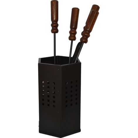 Attrezzi da camino set 4 utensili manici in legno con contenitore Cubo (1/4)