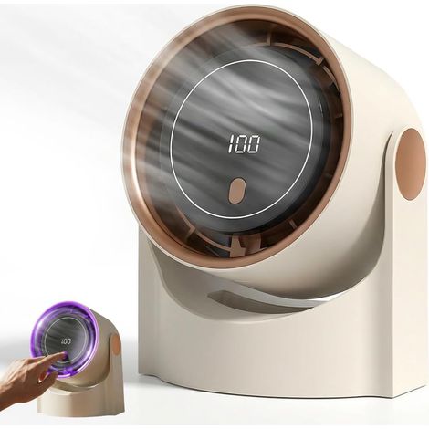 Ventilateur sans pales rechargeable par USB, 100 vitesses de ventilation avec affichage numérique, silencieux, autonomie de 12 heures, idéal pour le bureau, la chambre et la chambre d'étudiant, beige (1/5)