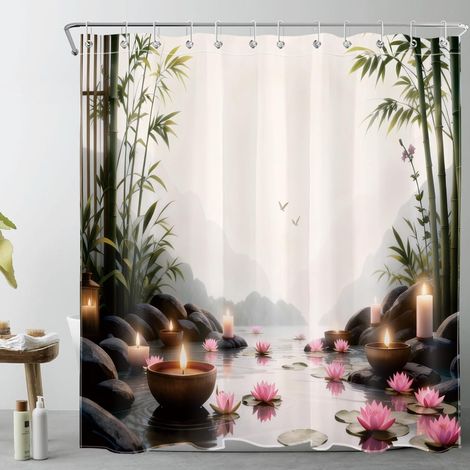 Spa Zen Rideaux de Douche 180x200cm Fleur Rose de forêt de Bambou Vert Rideaux de Bain avec Crochets,Paysage montagneux Extra Longue Imperméable Polyester Anti Moule Salle de Bain Décor (1/5)