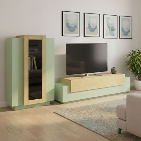 Schrankwand Lazzate, Modulares Wohnzimmermöbel, 10 Regalböden, Made in Italy, 6 Türen, 280x45x120,5h cm Grün (1/5)
