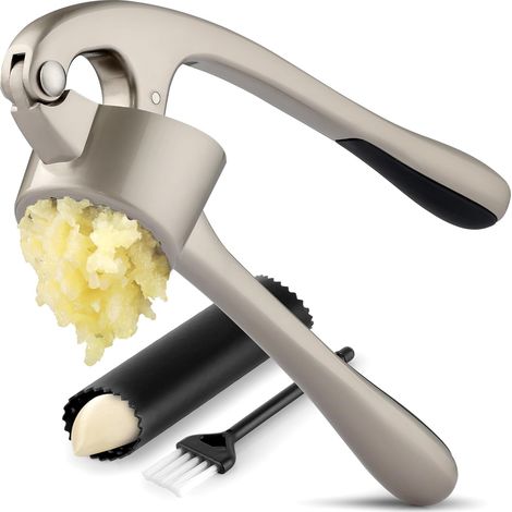 Presse-ail haut de gamme – Antirouille, compatible lave-vaisselle, poignée ergonomique facile à presser, avec éplucheur et brosse en silicone (1/5)