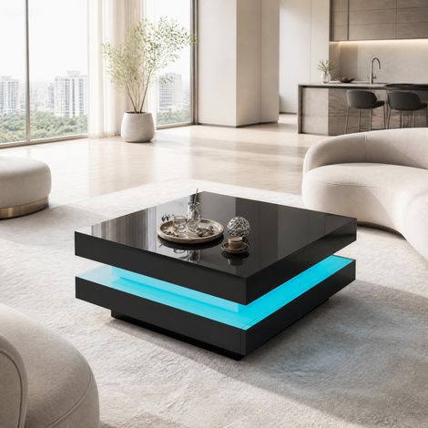 Mesa de centro cuadrada LED 70 x 70 x 36 cm con control Bluetooth, negra DESVIAE (1/5)
