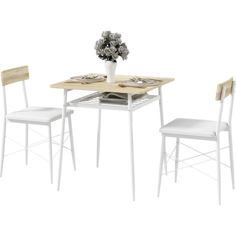 Ensemble table et 2 chaises encastrables, table de cuisine style blanc chêne, structure acier