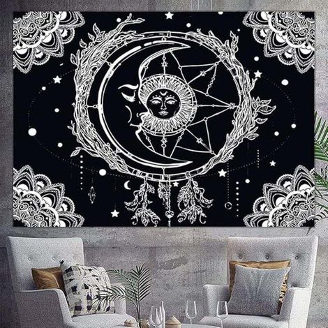 Soleil et Lune Tenture Murale Psychedelique Tapisserie, Drap Mural Mandala Wall Tapestry Aesthetic Tarot Psychedelic Tapis Mural Tissu Art Decoration pour Chambre Salon, 200x150 cm (Noir ) (1/4)