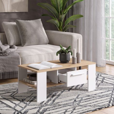 Couchtisch Wilmut, Goldkraft Eiche/Weiß, 89.8 x 46.4 cm mit Schublade, Vicco