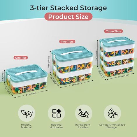 Aufbewahrungsbox aus Kunststoff für Lego, 3-lagig mit Deckel, stapelbar und transparent, Fächer für Kinderspielzeug (1/4)