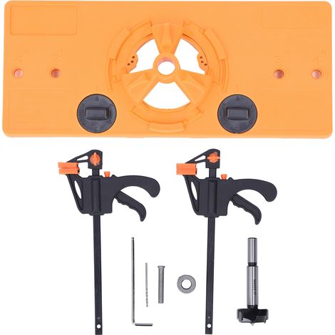 Kit de perçage pour charnières invisibles 35mm, guide d'assemblage pour portes d'armoire, avec 2 pinces F en bois jaune. (1/5)