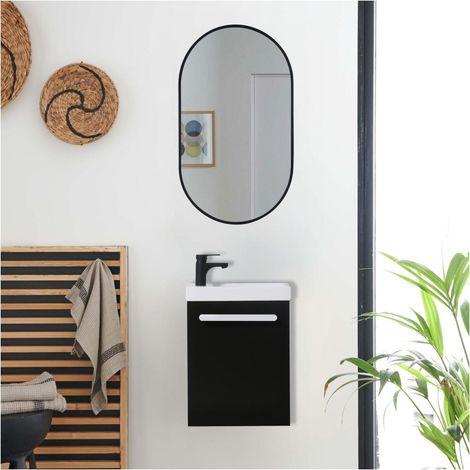 Set lavabo sospeso Nevada con rubinetto nero e specchio ovale