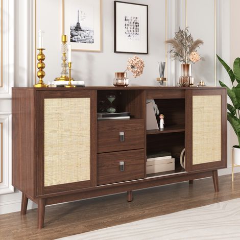 Credenza con 3 ante scorrevoli e 2 cassetti, 155 x 38 x 80 cm, marrone scuro HAVRYA (1/5)