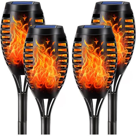 Lot de 4 torches solaires de jardin – 12 LED avec effet flamme réaliste – Étanchéité IP65 (Blanc chaud) (1/5)