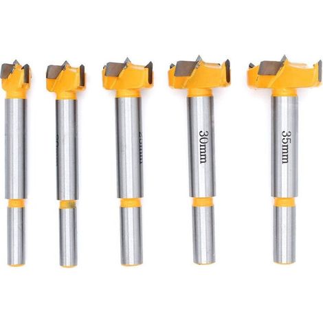 SABIR 5Pcs Mèches Bois Aiguisé, 15mm, 20mm, 25mm, 30mm, 35mm L'installation de Portes Sphériques Bois, Tiroirs, Drill Bits pour Faire des Trous Propres à Fond Plat Dans le Bois (1/5)