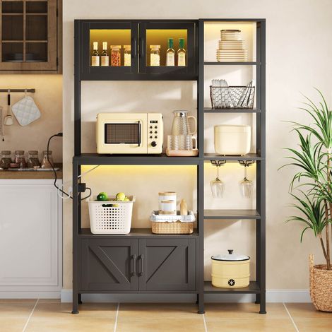 Étagère de Cuisine Meuble Micro-Ondes avec Prise Électrique et Lumières LED, Meuble Bar avec Porte-Verres, 180x115cm (1/5)