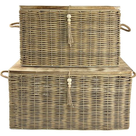 Coffre en osier naturel avec couvercle bois ambiance chaleureuse - Naturel bois clair et osier tressé (1/3)