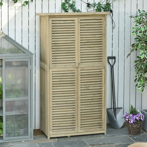 Outsunny Gartenschrank Holz Geräteschuppen Gerätehaus mit Asphaltdach Lamellentür Geräteschrank Schuppen Garten 4 Fächer Grau 87 x 46,5 x 160 cm