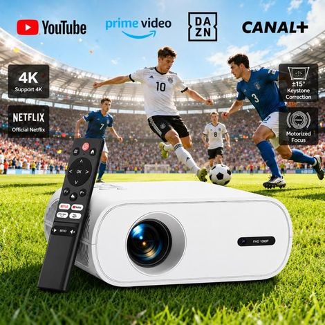 【Netflix offiziell/motorisierter Fokus】Mini Beamer mit WiFi 6, Bluetooth 5.2, 20.000 Lumen, 1080P Full HD Smart Projektor