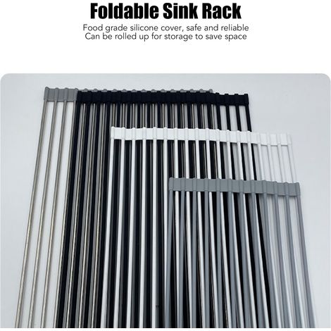 Support égouttoir pliable en acier inoxydable pour évier, range-vaisselle de cuisine avec tapis en silicone (1/3)