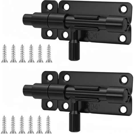 Verrou Porte Exterieur, en Acier Inoxydable 304, Lot de 2 Loquet Porte Exterieur avec Vis, Serrure Porte Coulissante pour Portail, Fenêtre et Clôture, Noire (1/5)