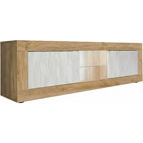 Meuble TV 2 Portes 2 Niches aspect bois finition Cadiz façades blanc texturées avec Leds - OTELLO (1/5)
