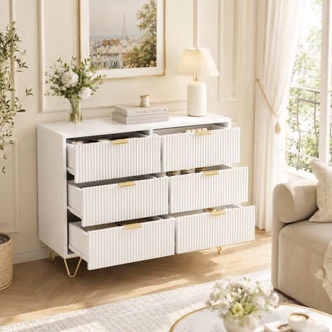 Commode 6 tiroirs blanche 100 x 34 x 73 - Meuble de rangement en bois - Salon/chambre - Style scandinave - Poignées et pieds en métal - Finition ondulée