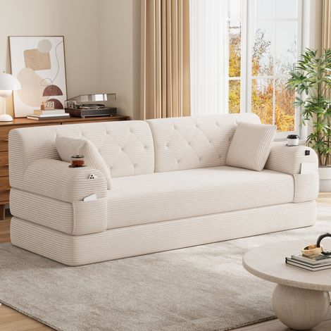 Divano letto 208x80x81 cm, schienale alto, 4 tasche laterali, 2 portabicchieri, in velluto a coste beige (1/5)