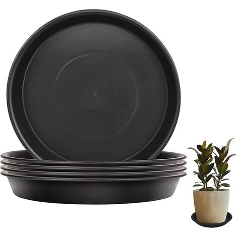 Lot de 5 soucoupes rondes en plastique pour pot de fleurs d'intérieur et d'extérieur - Noir - 25 cm (1/4)