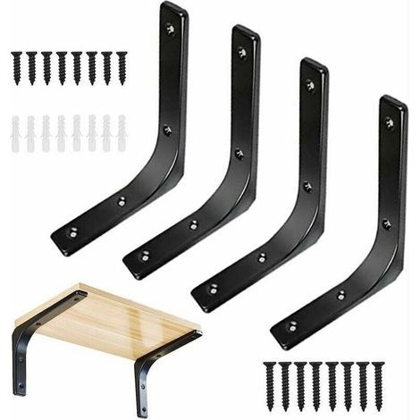 4pcs équerre pour étagère Murale Noire Support d’étagère en Métal équerre de Fixation Murale Equerre Murale en Forme de L pour Meubles Décoration Connexion avec Vis 150 125mm, Charge Max 80 kg (1/5)