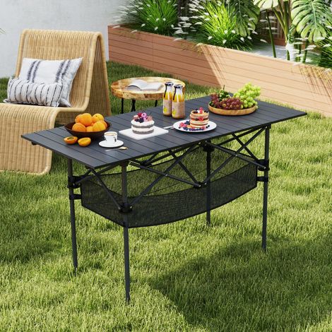 Table de Camping Pliante pour Patio Table de Pique-nique Portable avec Plateau Roulable en Aluminium et Panier Table Légère d'Extérieur Noir (1/2)