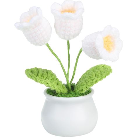 Tres flores de lirio de los valles tejidas a crochet para maceta, con tallos, perfectas para regalos navideños, bodas, fiestas de oficina o decoraciones blancas. (1/2)