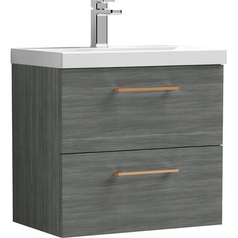 Balterley 600mm Wall Hung Bathroom 2 Drawer Vanity Unit and 1 Tap Hole Ceramic Basin, Woodgrain Anthracite with Copper Handles