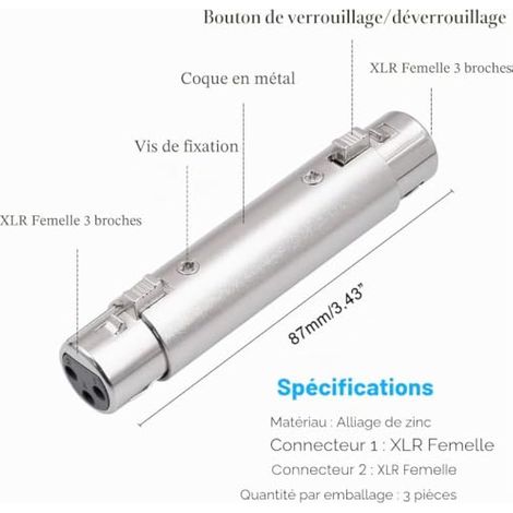 Adaptateur XLR femelle-femelle 3 broches (3 pièces), compatible avec microphones et tables de mixage. (1/4)