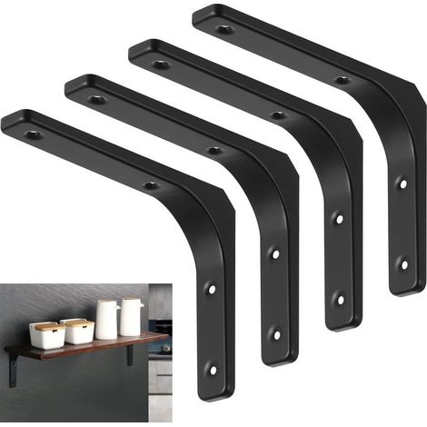 4 Pièces Équerre Étagère de Fixation Noir, Supports D'étagère Murale, pour Salon Chambre Cuisine, Support Etagère Murale en Métal (150 x 200 mm) (1/5)