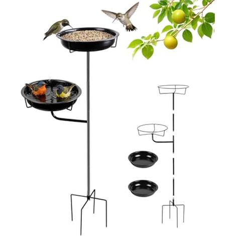 Mangeoire et abreuvoir à oiseaux sur pied, avec 2 bassins en métal (27 x 5 cm chacun), hauteur 101 cm, pour la décoration de jardin et de terrasse, noir. (1/5)