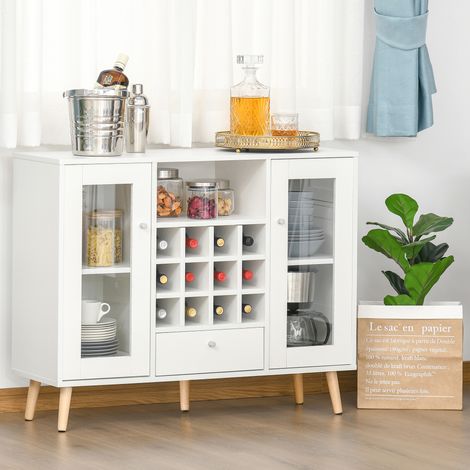 Aparador de Cocina con Botellero Cajón Estante Abierto y 2 Armarios con Puertas de Cristal 100x33x80 cm Blanco (1/5)
