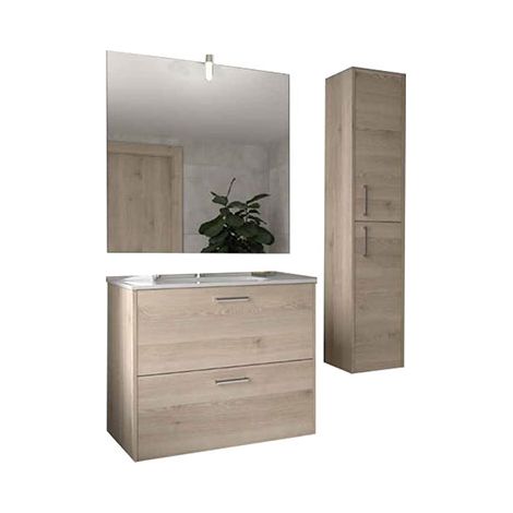 Set completo di mobili da bagno con colonna - Rovere - Larghezza mobile 700mm - Mobile sospeso, specchio, applique, colonna verticale 1400 mm - URB/ELS/S/700/C/C