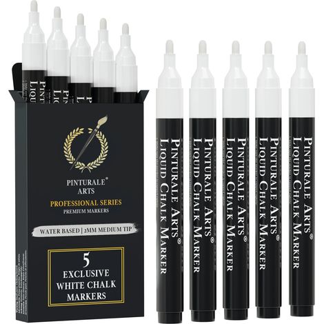 Set 5 Feutre Blanc Effacable - Pointe 2mm - Crayon Craie Pour Tableau Noir - Stylo Vitre Effacable, Pour Verre, Ardoise (1/5)