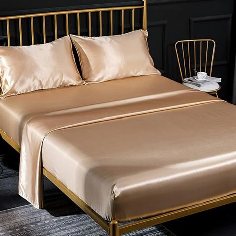 Parure de Draps Satin, Drap Housse 180x200x35 cm Grand Bonnet avec Drap Plat et 2 x Taie d'Oreiller Couleur Unie Soie, Bronze (1/4)